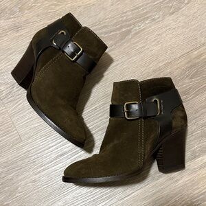 Aquatalia Liana Dark Olive Suede Ankle Boots with Buckle